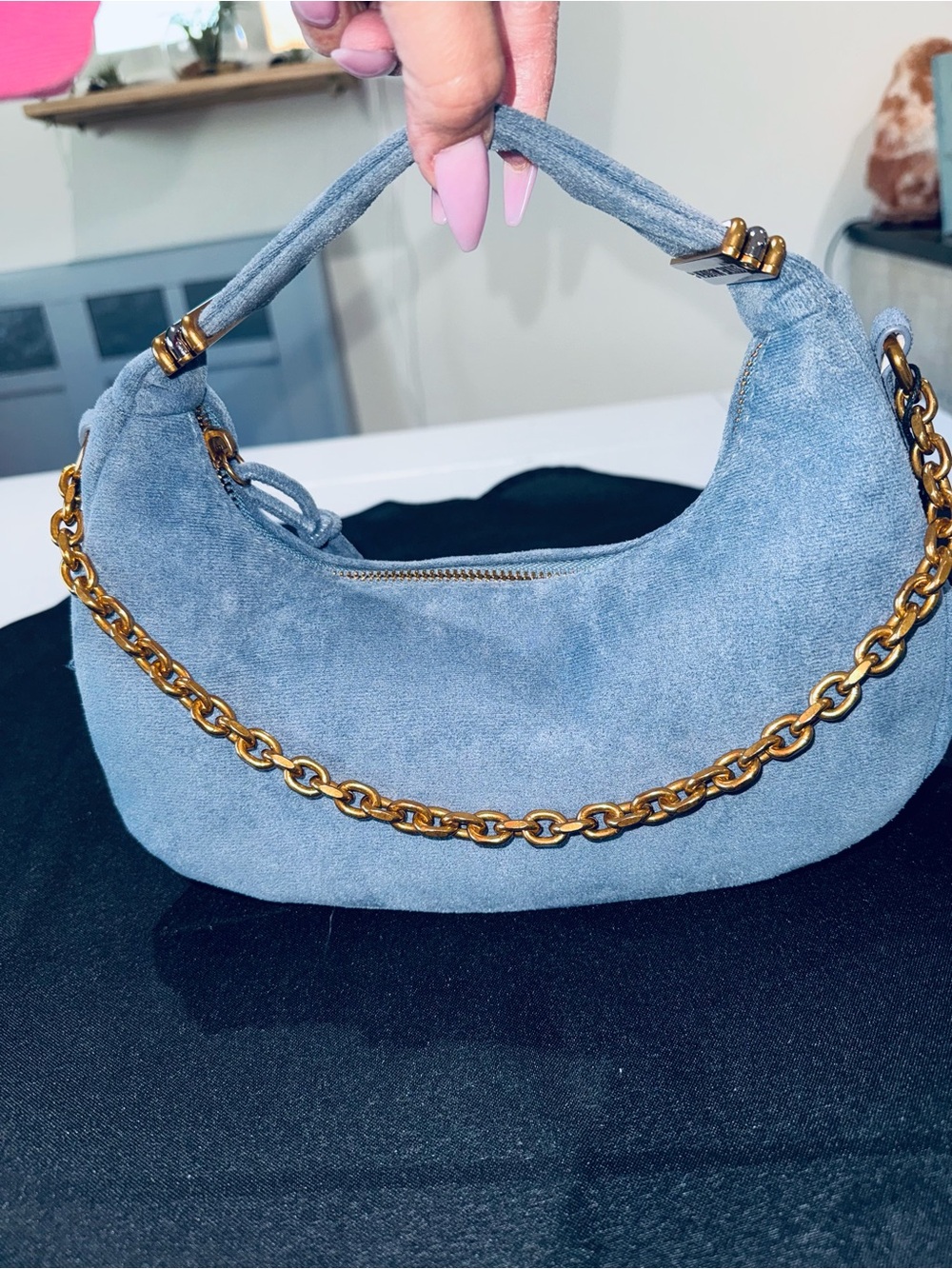 Luxury Mini Steve Madden Blue Suede Crescent Bag Y2K Style Shoulder Bag